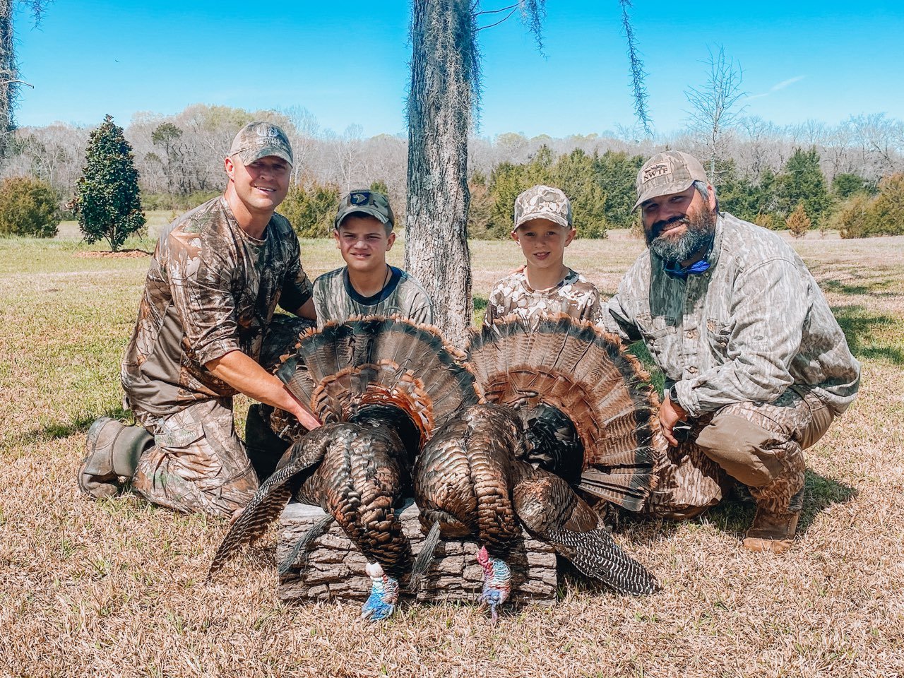  On the opening day of this season, brothers John David and Walker Scott, of Pintlala, both bagged their first turkey. Pictured from left to right are Wilson Scott, John David Scott, Walker Scott and Chandler Hudson. 